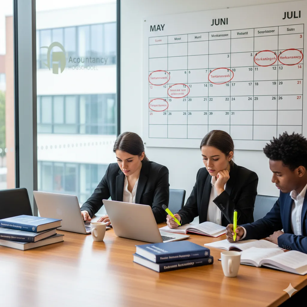 Accountancystudenten werken samen aan tentamenvoorbereiding in een studieruimte met agenda op de achtergrond.